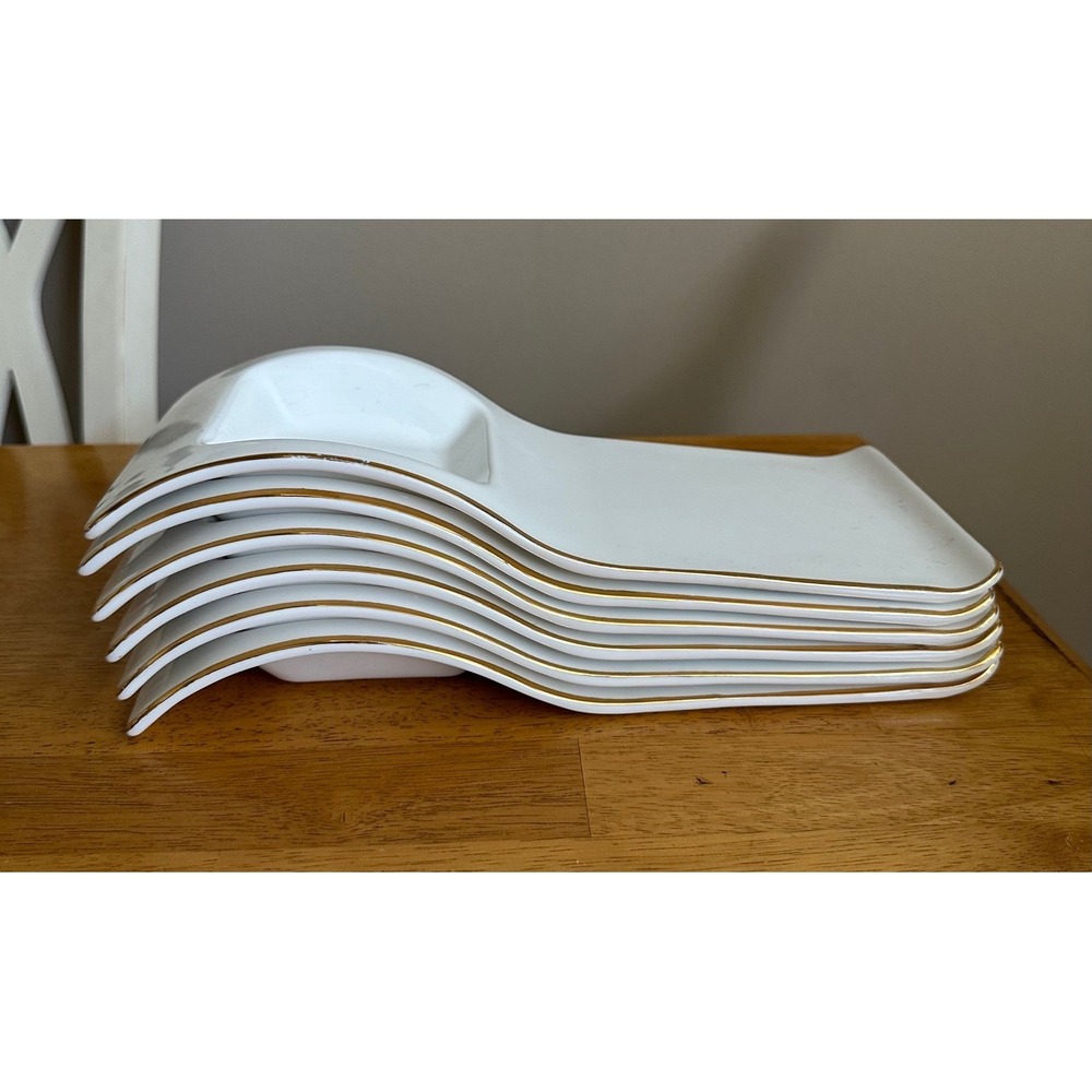 VTG Watahan Japan Curved Ceramic Sushi / Appetizer Plates Dipping Well Set of 6